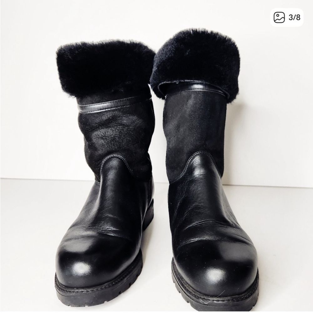 La Canadienne Kosmo Black Leather Suede Fur Shearling Foldover Boots Size 9 - Picture 2 of 5